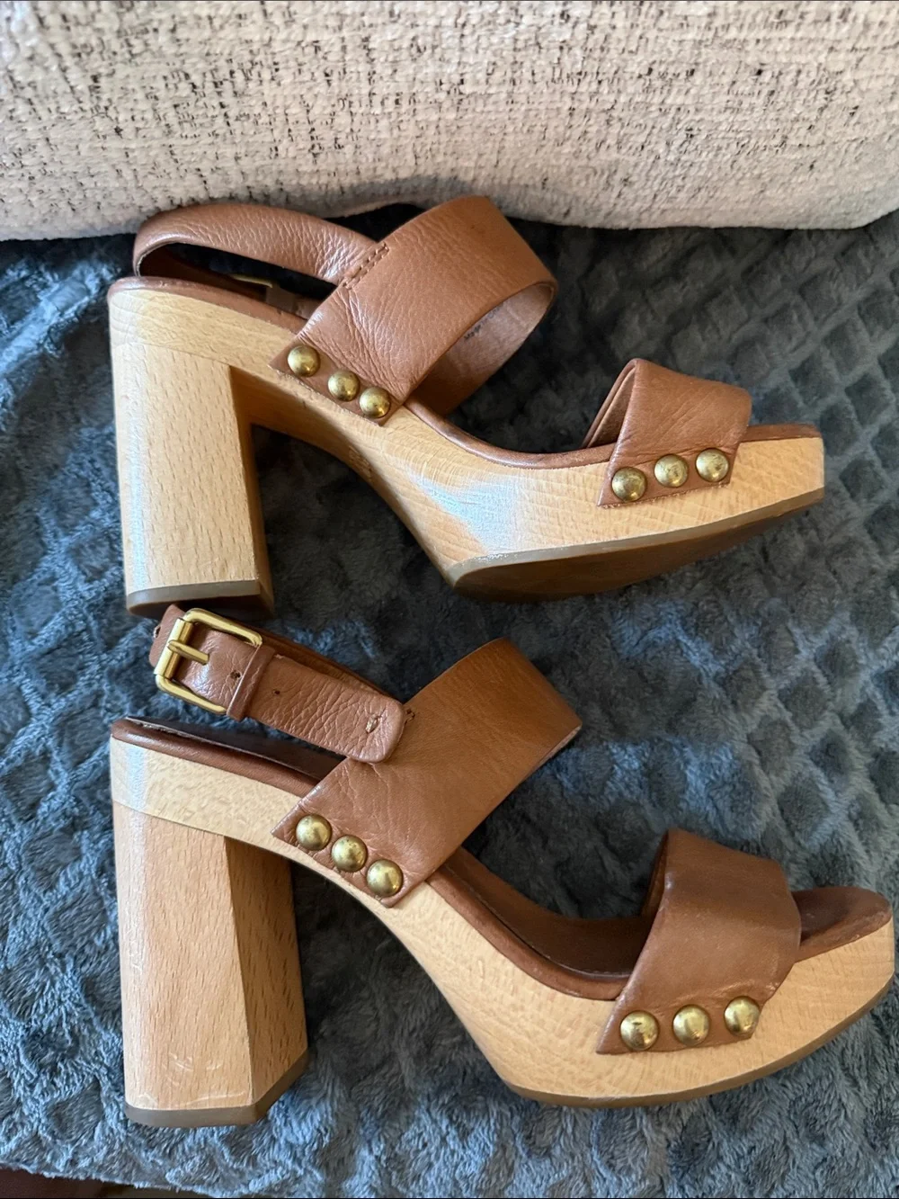 Frye Tan Leather Platform Wedge Sandals